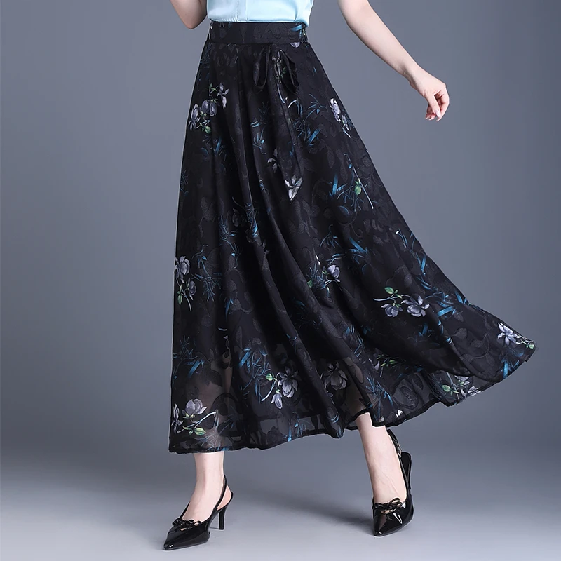 夏季印花雪纺半身裙气质高腰百搭a字裙飘逸广场舞大摆显瘦长裙子