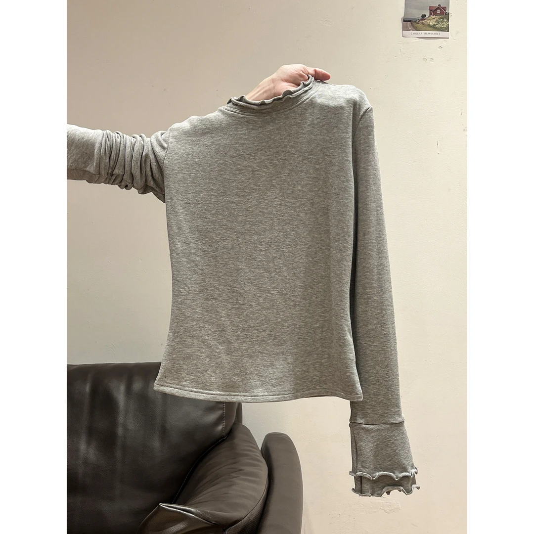 【长袖系列】温柔花边#棒 磨毛设计感圆领木耳边 长袖内搭上衣