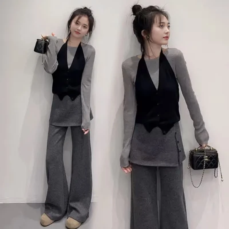 INS风慵懒风时尚套装时尚韩范撞色上衣屁帘裤子两件套