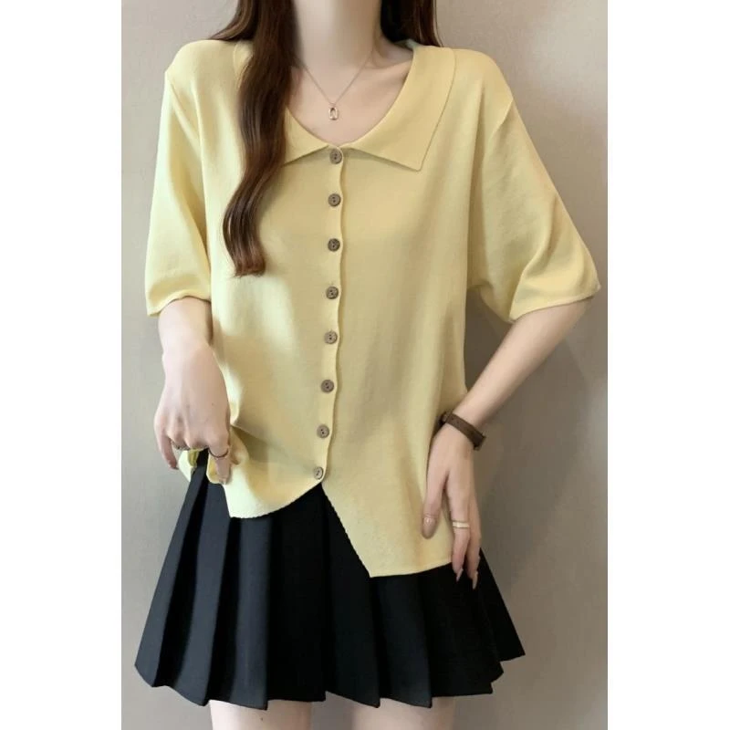 大码胖mm夏季正肩polo领排扣针织短袖T恤女宽松显瘦薄款纯色上衣