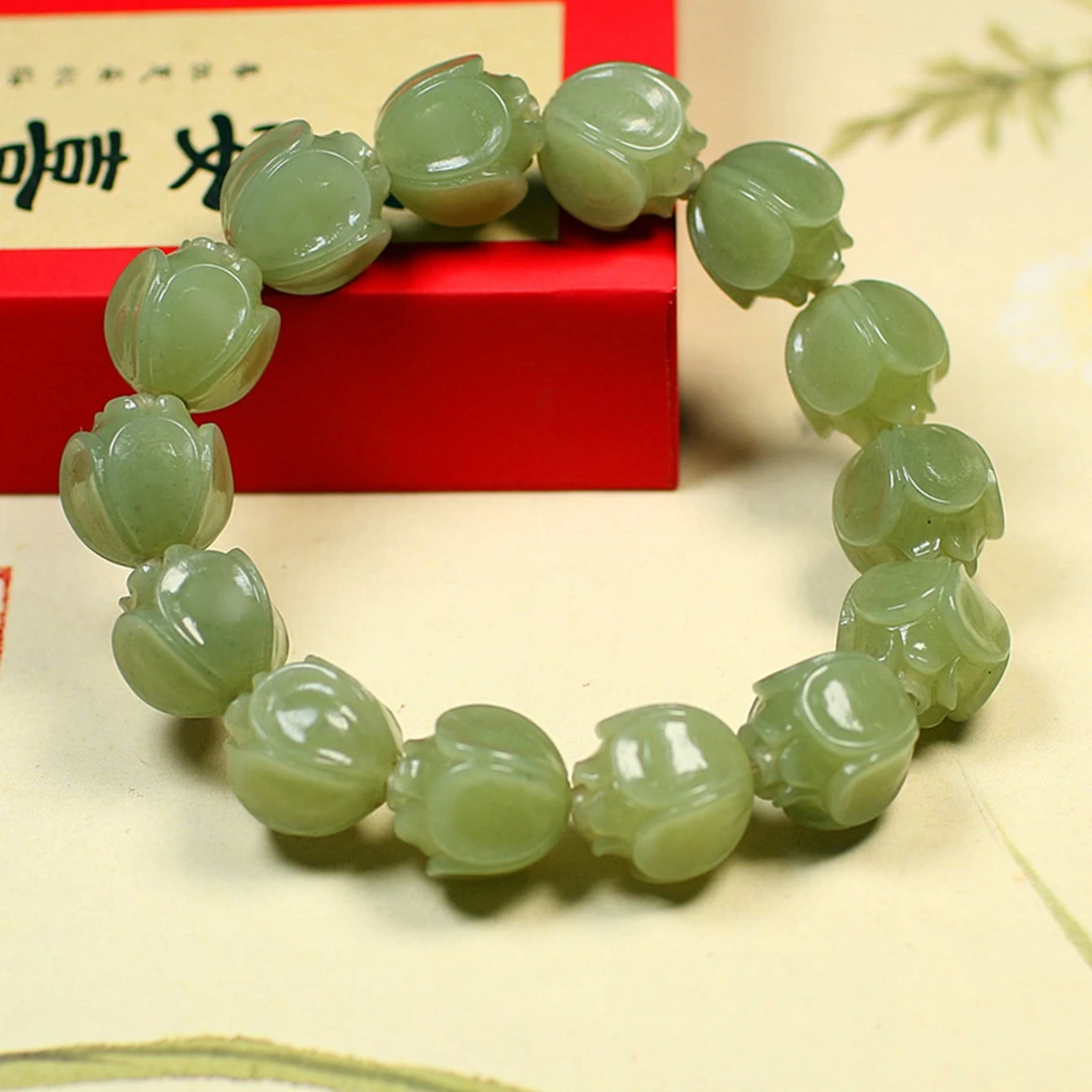 天然和田玉莲花手串手链男士女士玉石手串单圈莲花珠手链带证书