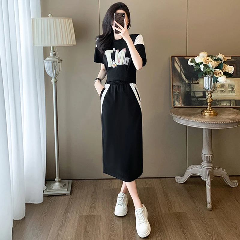 休闲运动服套装女2025年夏季新款时尚显瘦短袖上衣半身裙两件套