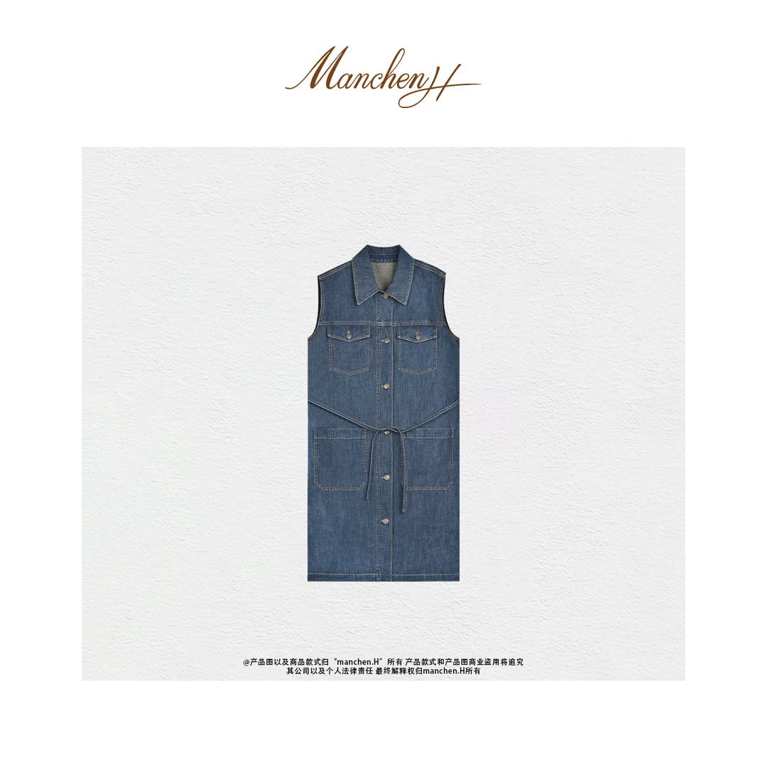 曼辰manchenh"维港听风"客订面料10s高密赛络纺牛仔连衣裙