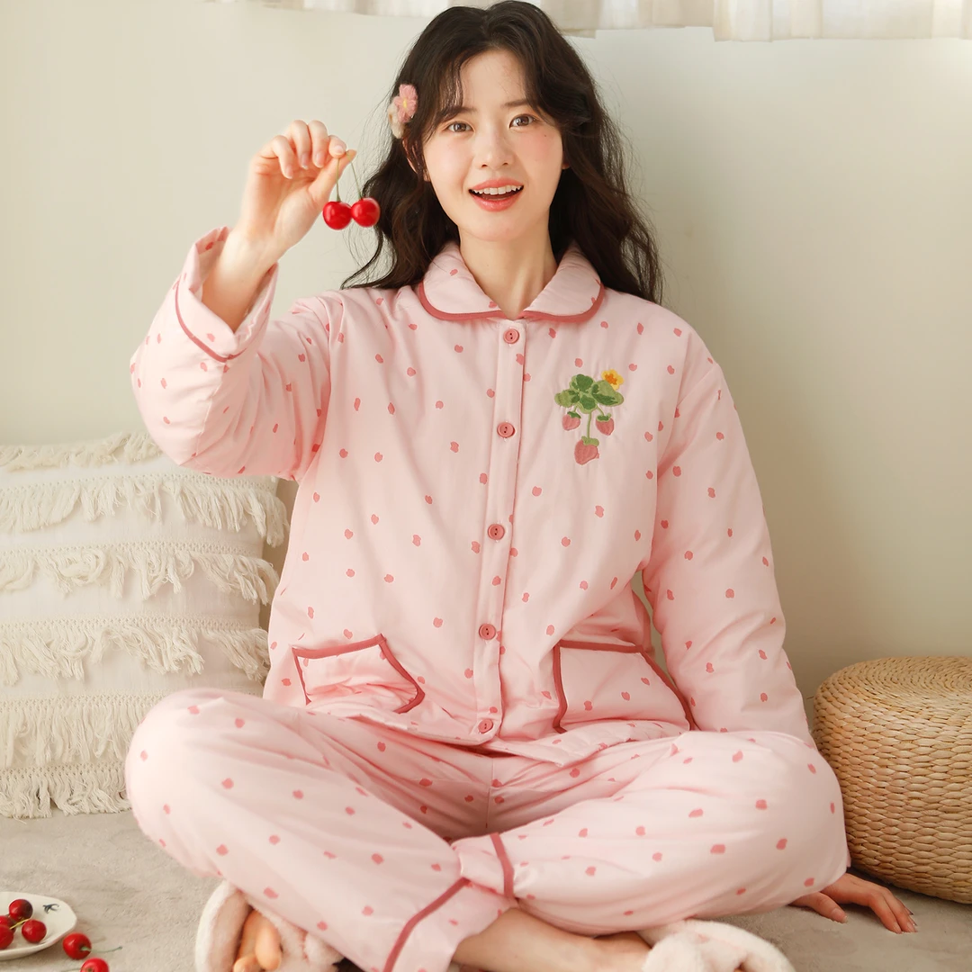 『眠岛』冬季超厚夹棉棉袄睡衣女加绒保暖甜美可外穿家居服套装