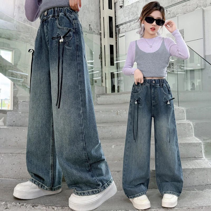 女童牛仔裤春秋新款洋气儿童高腰宽松阔腿裤中大童显瘦直筒裤子潮