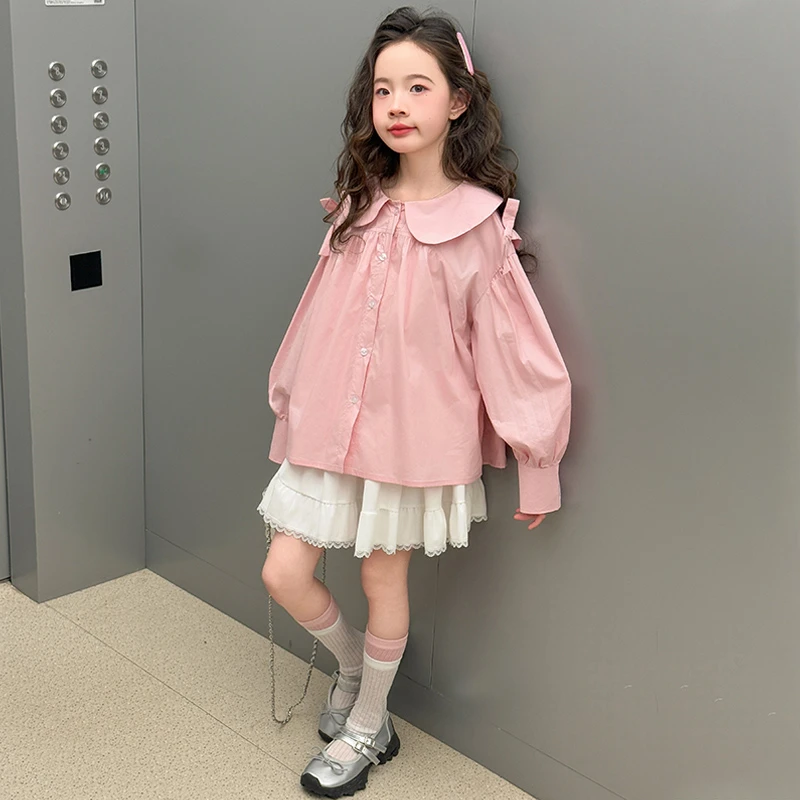 女童灯笼袖衬衣春秋季2025新款洋气大儿童圆领甜美衬衫娃娃衫上衣