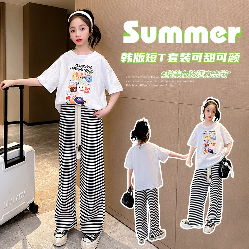 女童条纹阔腿裤套装夏季2025新款洋气卡通短袖t恤运动两件套潮