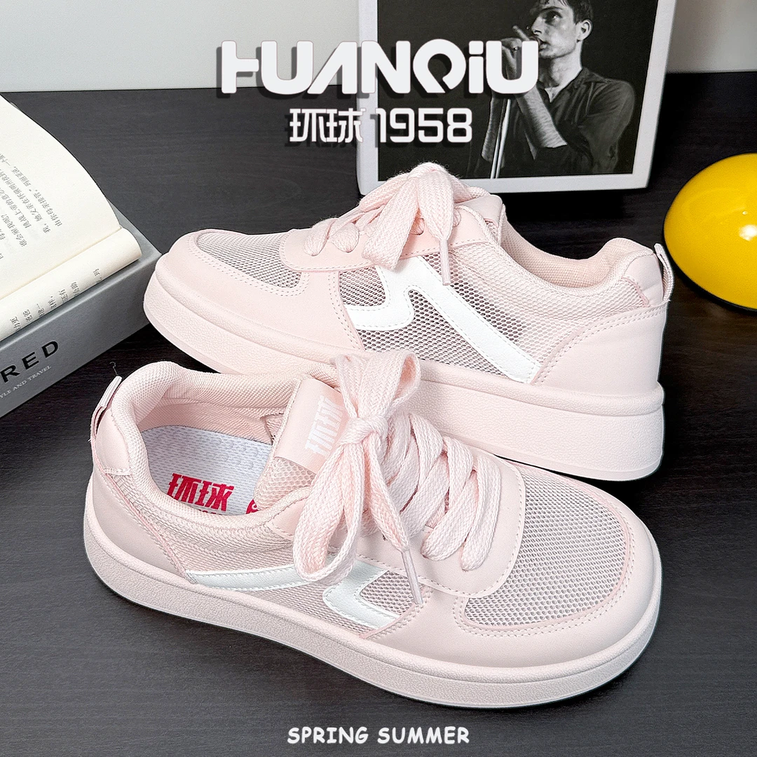 环球多巴胺粉色镂空网面透气小白鞋2025夏季薄款学生百搭休闲板鞋