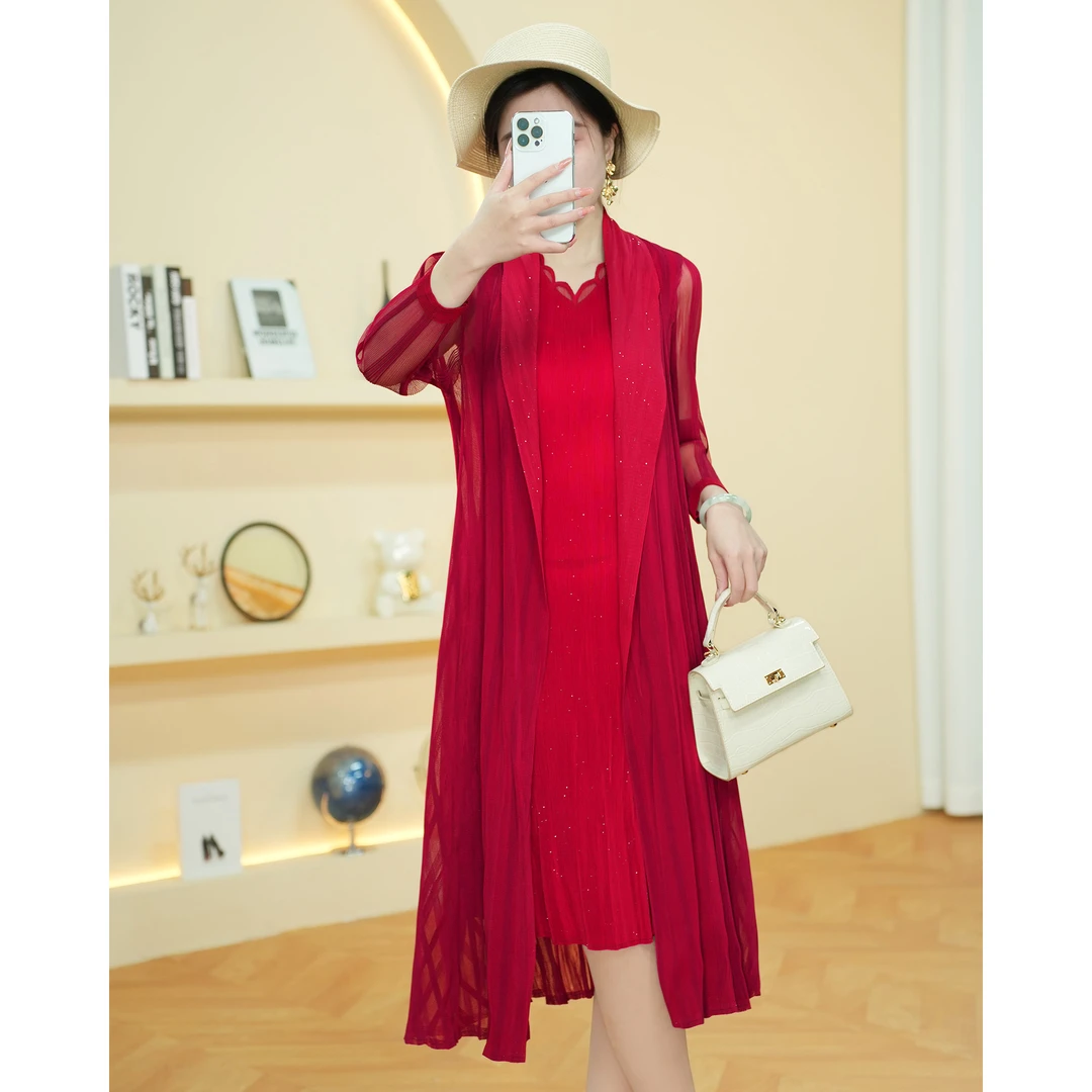 【欧洲站】AJ004褶皱连衣裙春季新款气质贵夫人高端奢华红色两件套