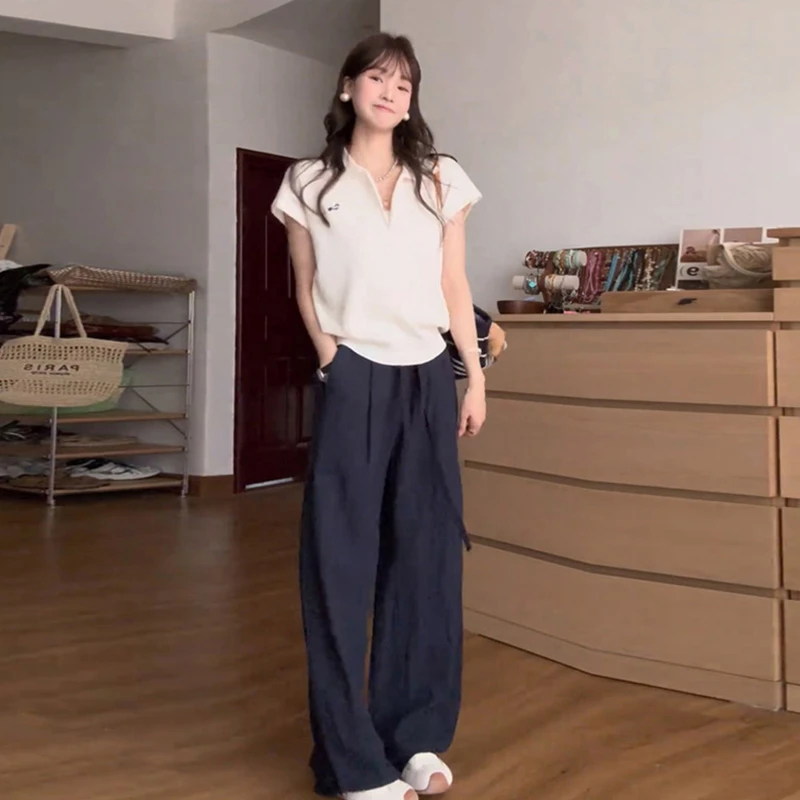 夏季一整套穿搭女新款小众polo领短袖针织上衣高腰阔腿裤休闲套装