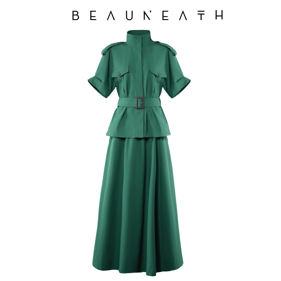 【心有绿洲】气质法式工装猎装短袖风衣松紧半身伞裙套装（裱里）