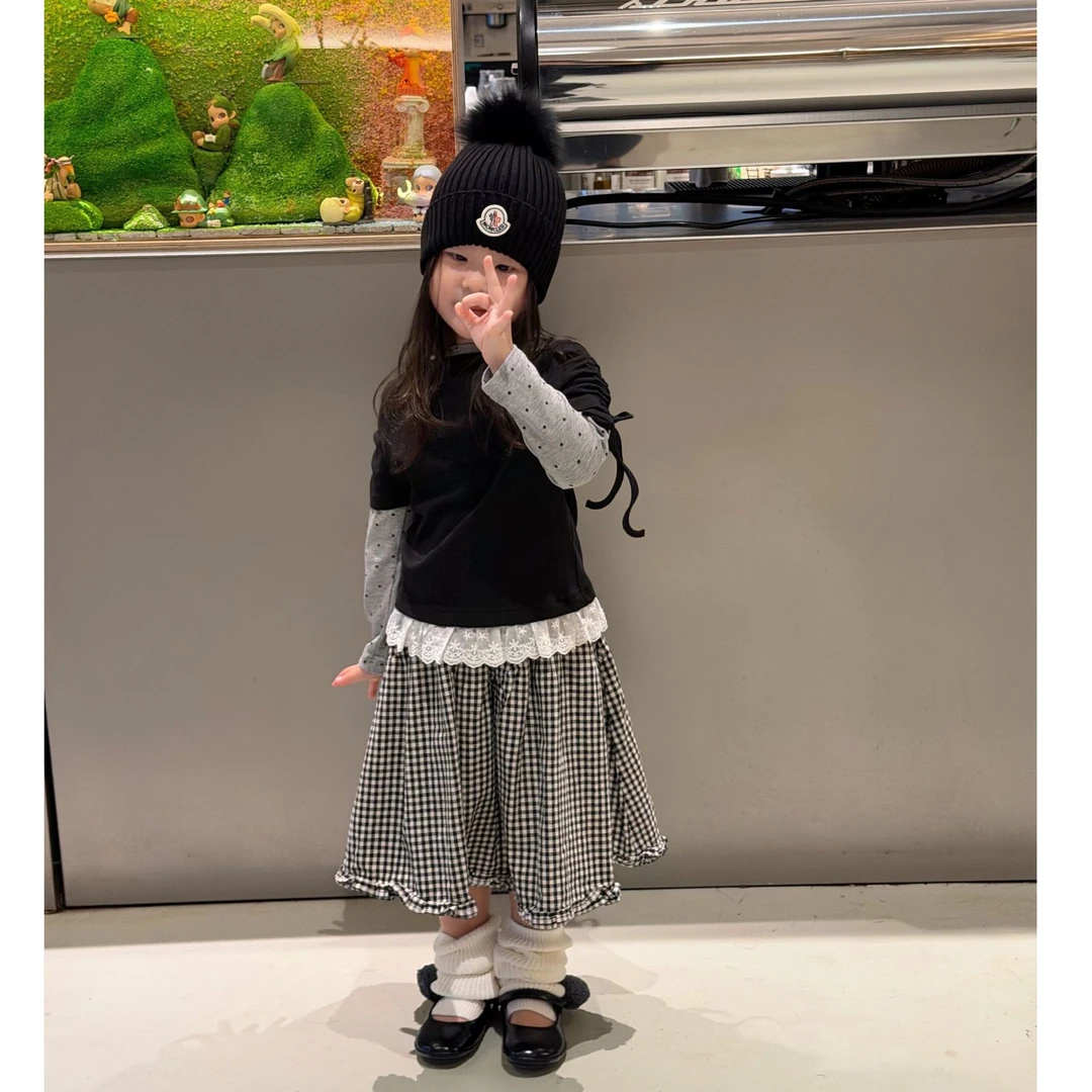 壹妈韩范童装女童秋季套装新款洋气女宝超好看假两件上衣格子半裙