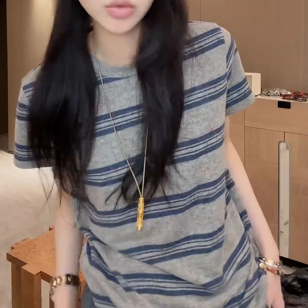 2025秋季新款舒适高弹休闲复古撞色条纹百搭短袖上衣LK2507043