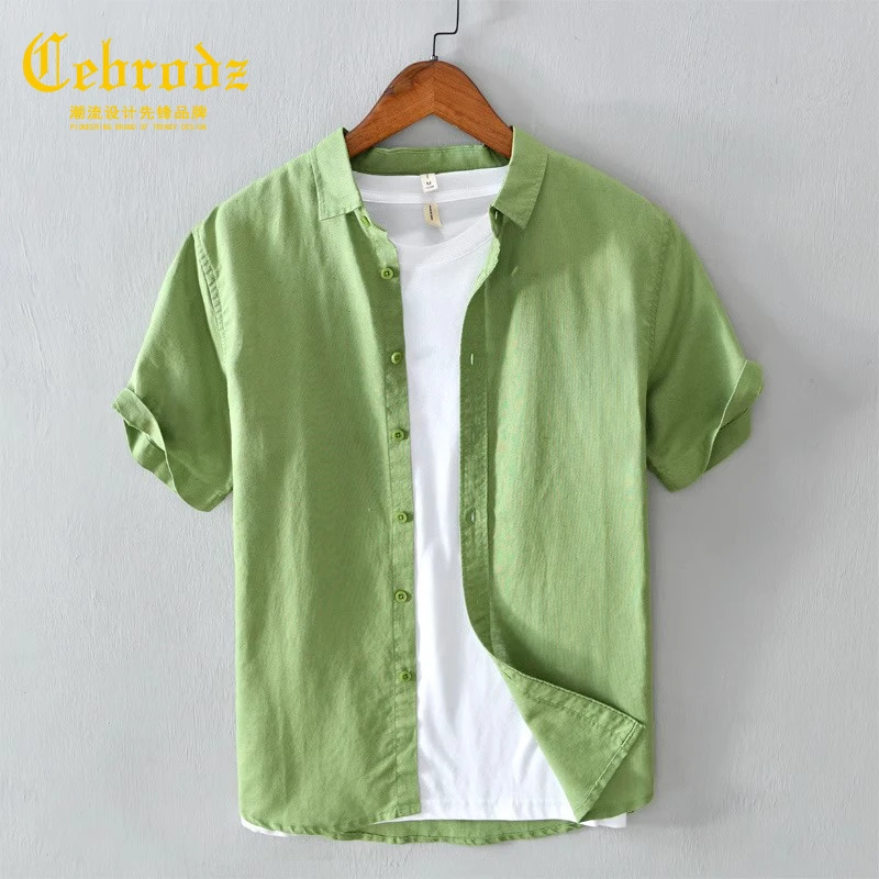 法国Cebrodz短袖亚麻衬衫男休闲夏季宽松文艺青年方领棉麻料衬衣