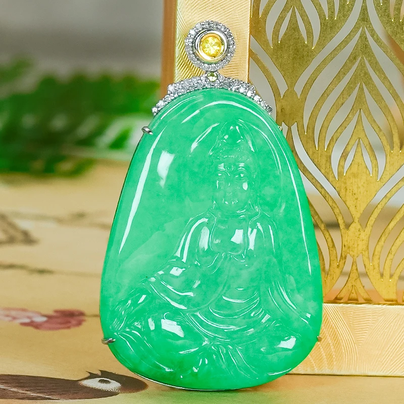 18k金镶玉天然翡翠A货阳绿翡翠观音雕刻吊坠情人节礼物