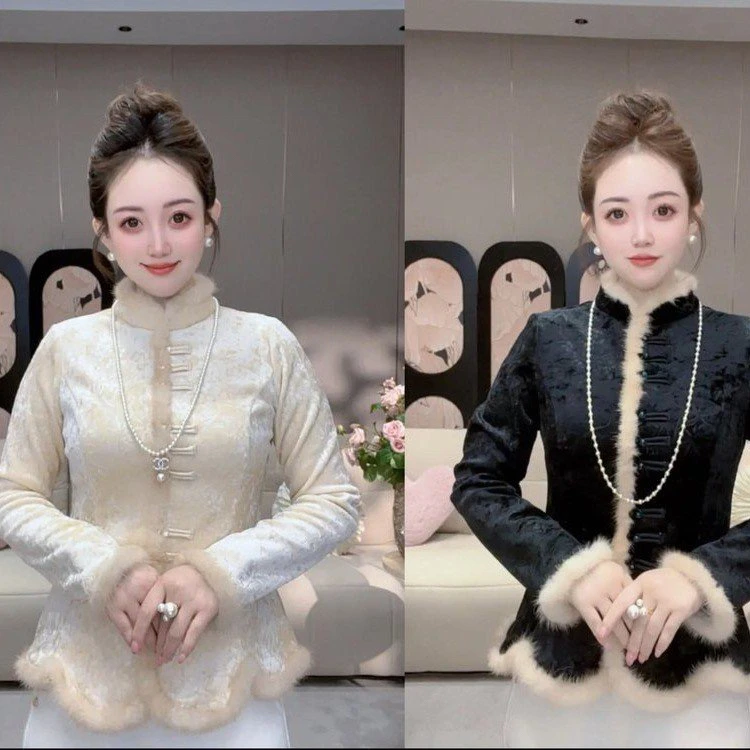 【加绒加厚】新中式国风打底衫冬季新款加绒时尚气质立领盘扣上衣潮