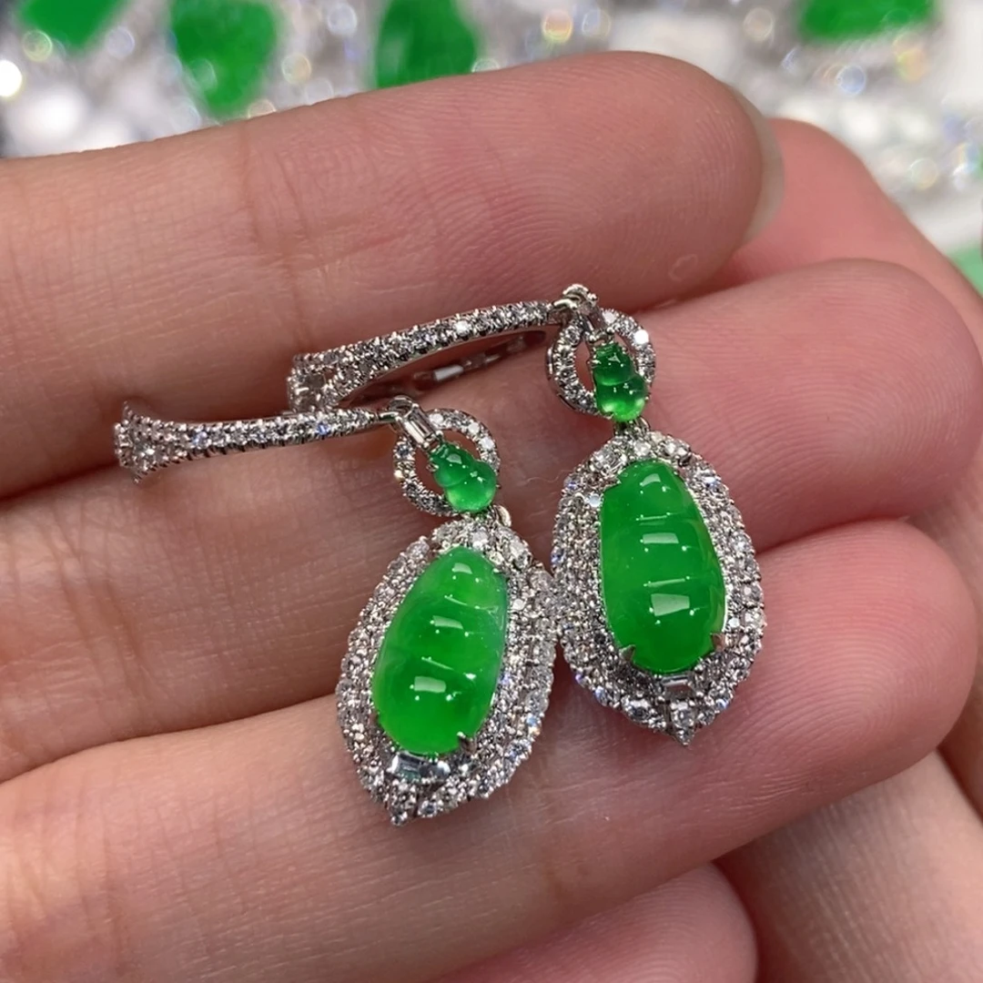 翡翠18K金镶嵌耳饰天然缅甸A货翡翠