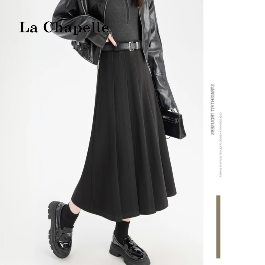 拉夏贝尔灰色毛呢百褶裙女秋冬高腰垂感显瘦大摆a字西装半身裙子