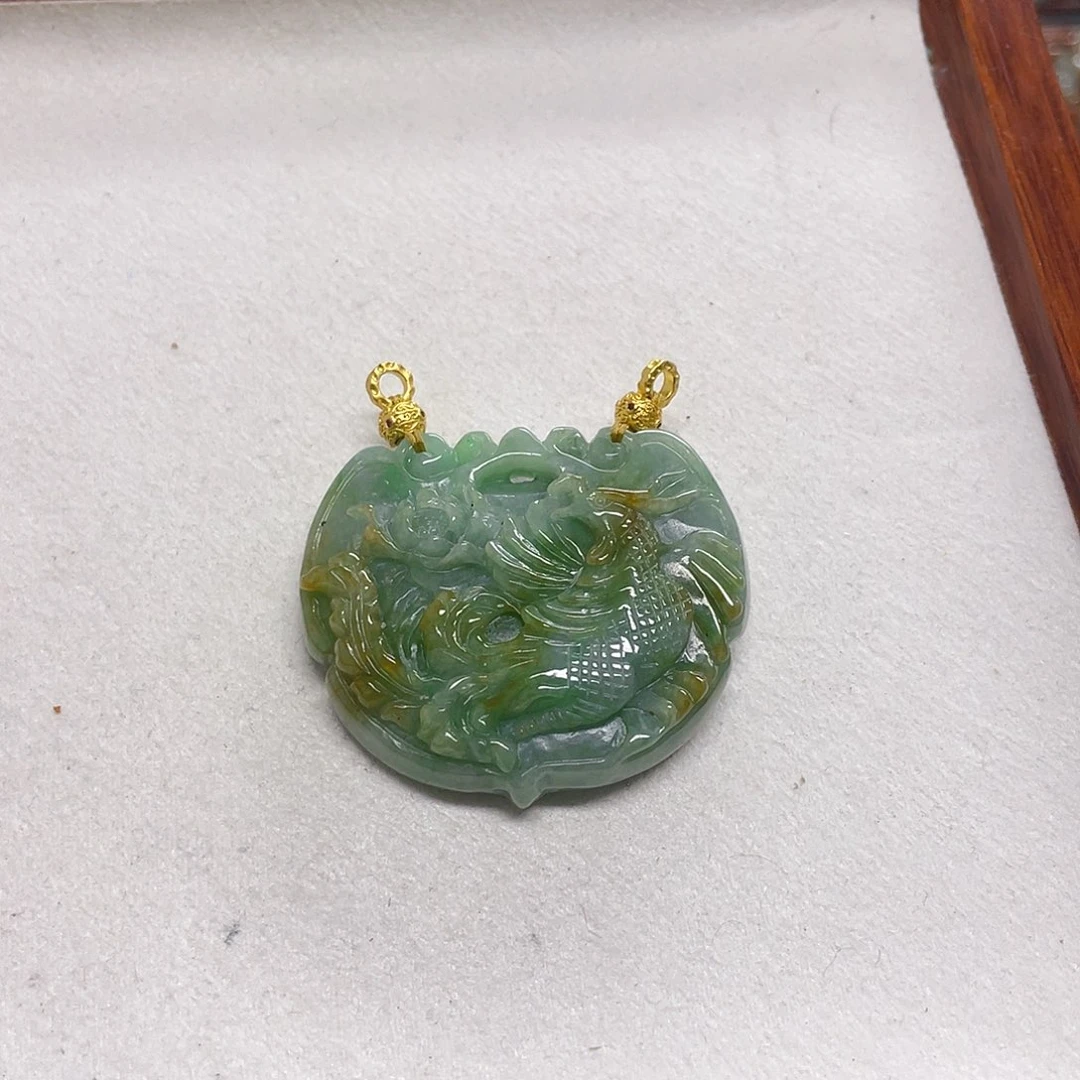 翡翠未镶嵌颈饰黄加绿凤穿牡丹锁