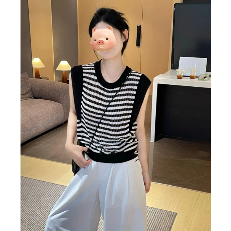 撞色条纹圆领镂空冰丝针织背心女夏外穿薄款宽松显瘦无袖坎肩上衣