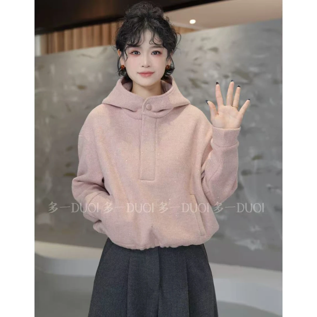 多一“粉色高光”2025冬季闪银烫钻连帽半开襟扣加绒抽绳百搭卫衣