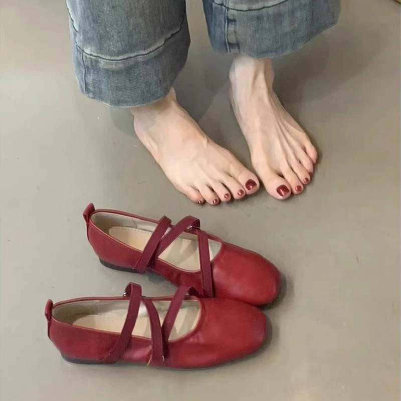 软羊皮材质法式复古风女方头浅口交叉绑带芭蕾风通勤平底玛丽珍鞋