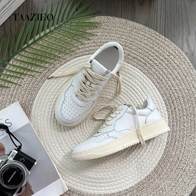 TAAZIEO真皮厚底小白鞋女2025新款透气百搭休闲板鞋平底运动鞋