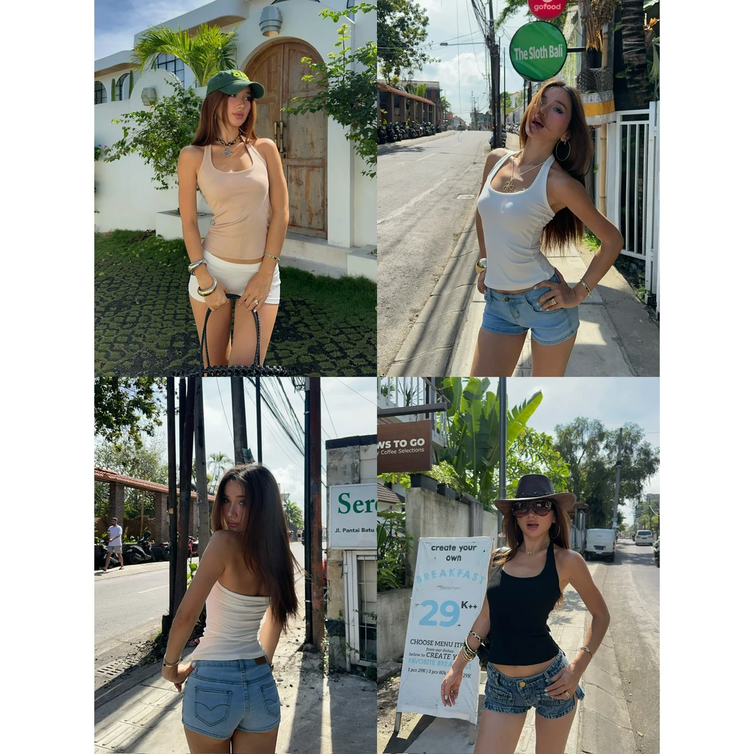 KKSHOP美式辣妹ins纯色百搭内搭外穿上衣U领弹力修身三色挂脖背心