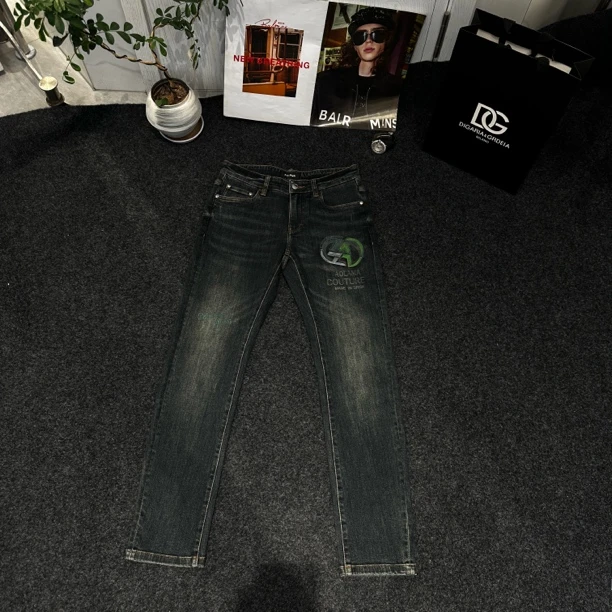 DHX2025提花刺绣中腰秋冬拉链牛仔裤男士小脚修身