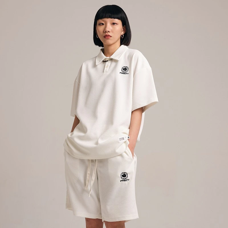 PROCITY曹芳潮牌华夫格套装夏季短裤休闲polo衫翻领短袖T恤衫