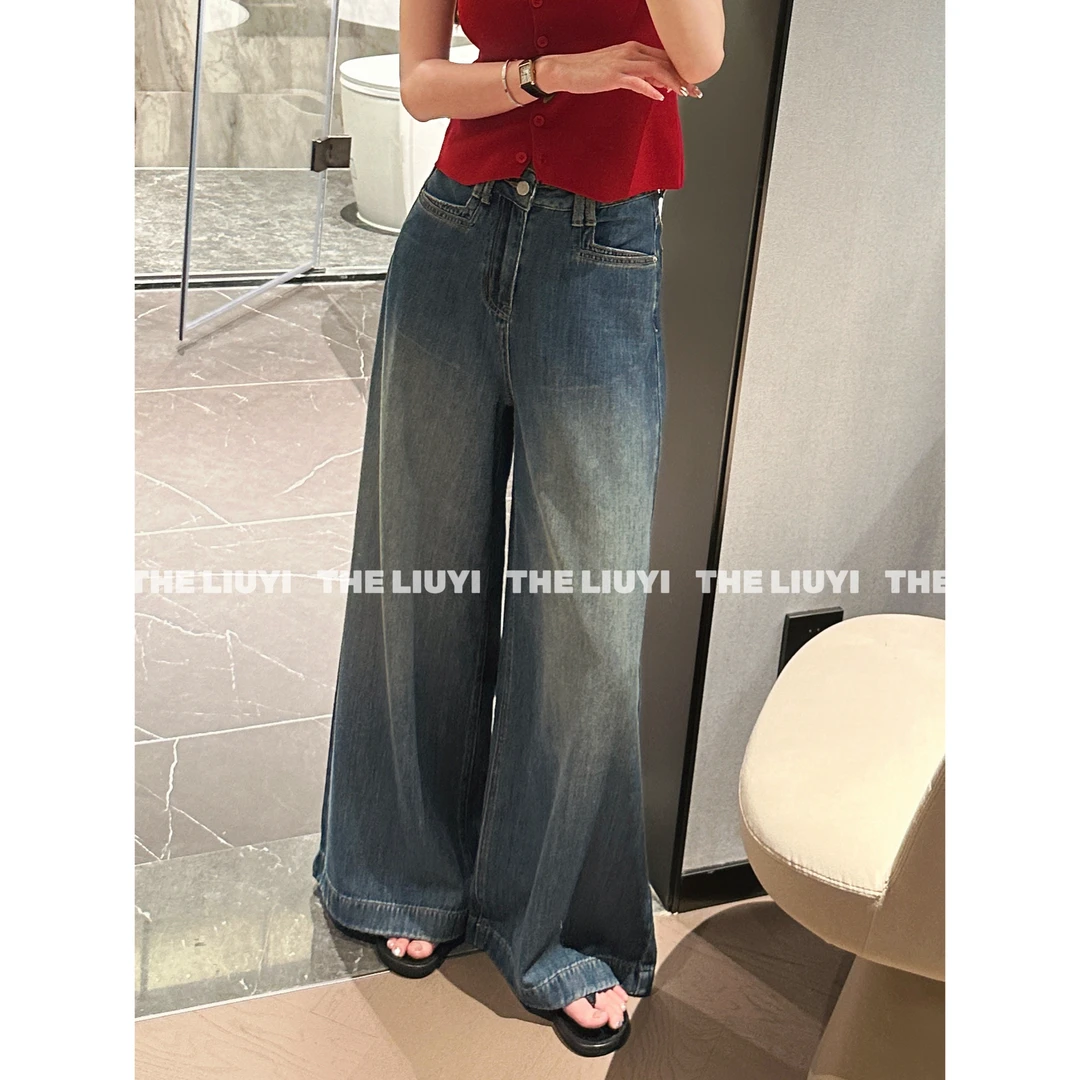 【LIUYI】潇洒裤~夏季高腰复古色A字宽松牛仔裤55293