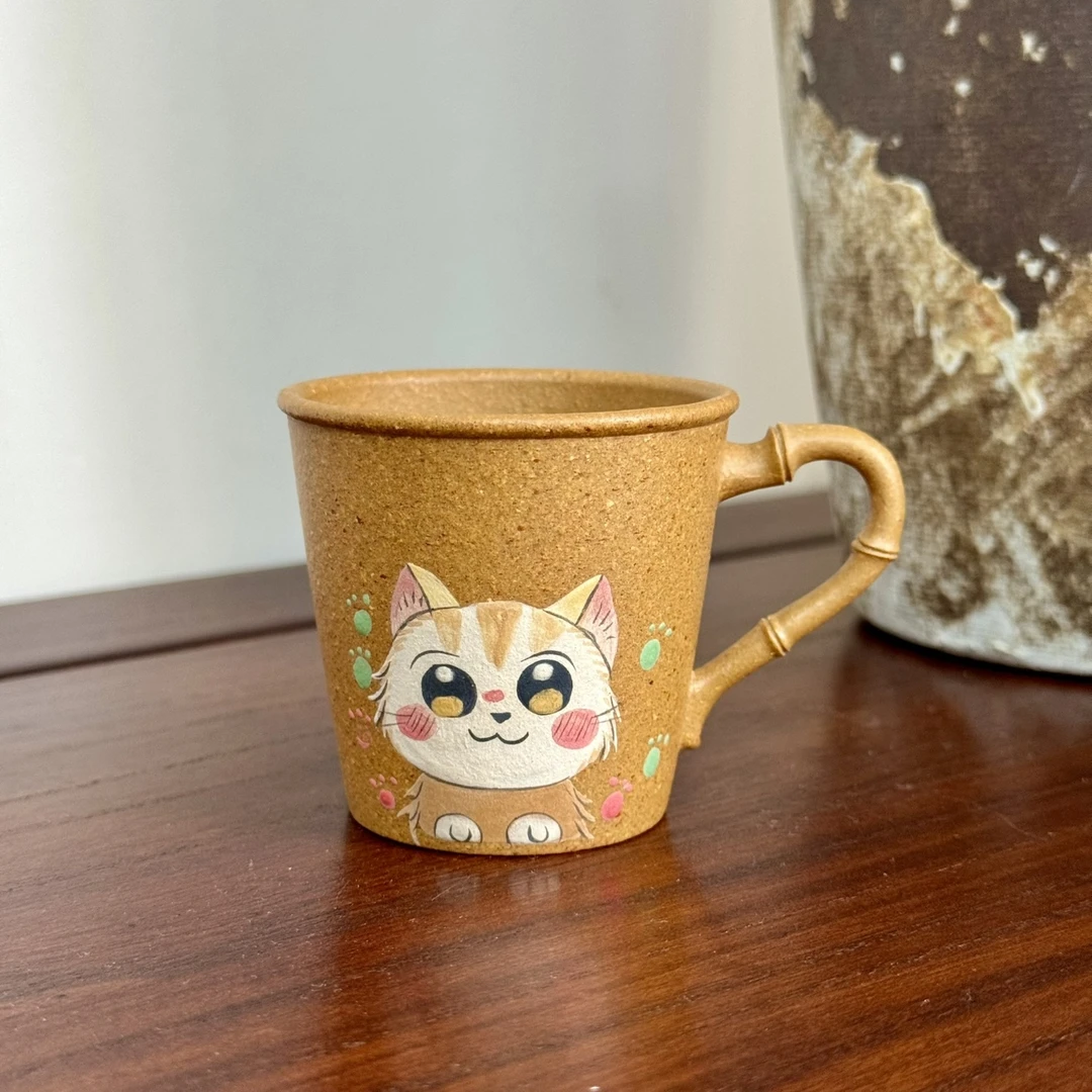 宜兴紫砂全手工堆绘小猫可爱竹节手把杯主人杯原矿黄降坡茶杯100c
