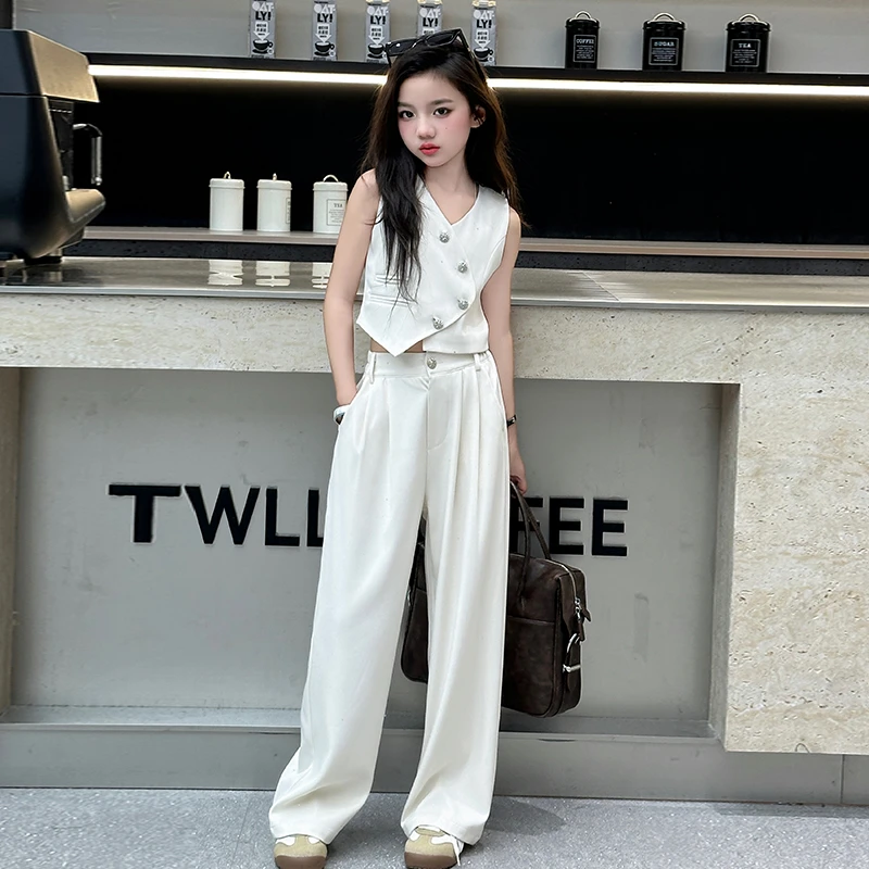 【毛妈潮牌】女童潮系马甲西裤两件套2025新款大童甜酷风西服两件套