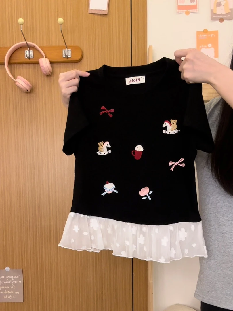 【大码】8330刺绣卡通蕾丝荷叶边正肩短袖T恤女甜妹少女夏季上衣