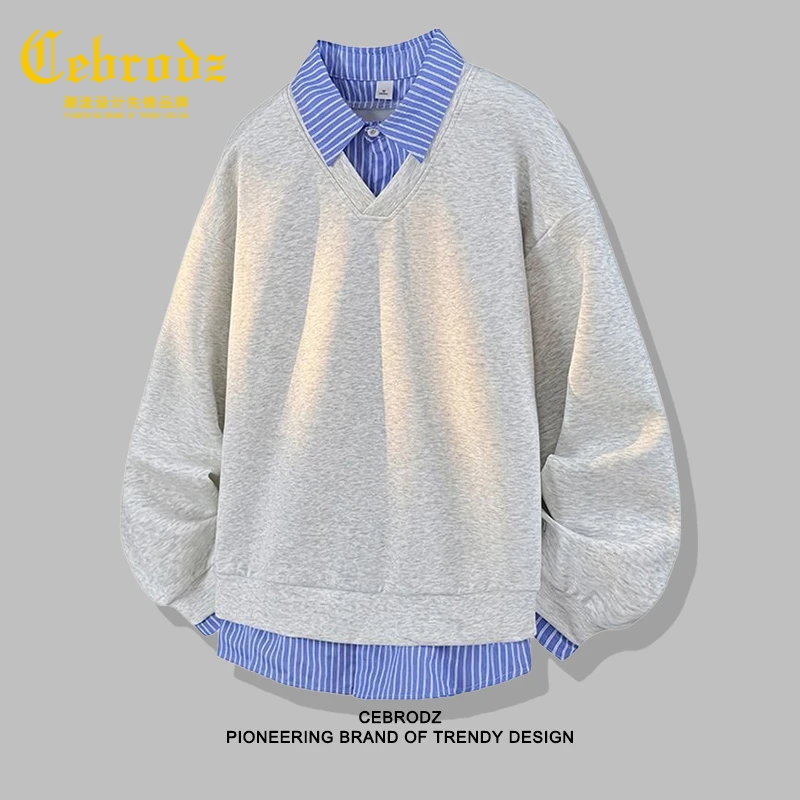 法国Cebrodz官方正品翻领卫衣男款秋季假两件长袖T恤宽松百搭休闲