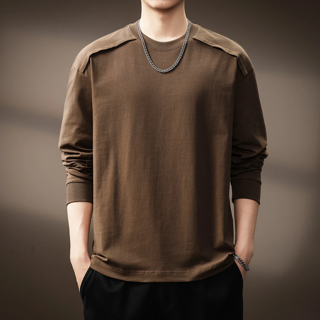 高端美式复古重磅长袖T恤男秋季新款设计感潮流拼接宽松休闲上衣