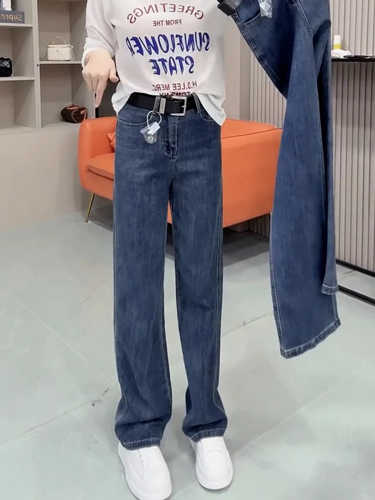 梨型身材秋季新款弹力窄版直筒牛仔裤高腰大码百搭显瘦阔腿长裤子
