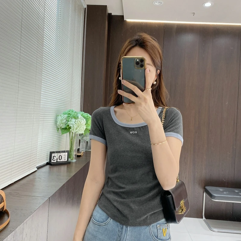 IMFLY金小金自制女装 莱赛尔T恤DYW8860夏季撞色圆领显瘦打底衫