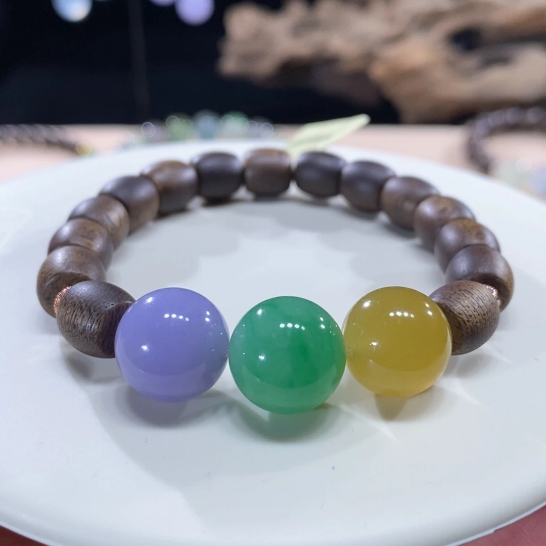 翡翠未镶嵌颈饰翡翠浓三彩圆珠手串12+mm