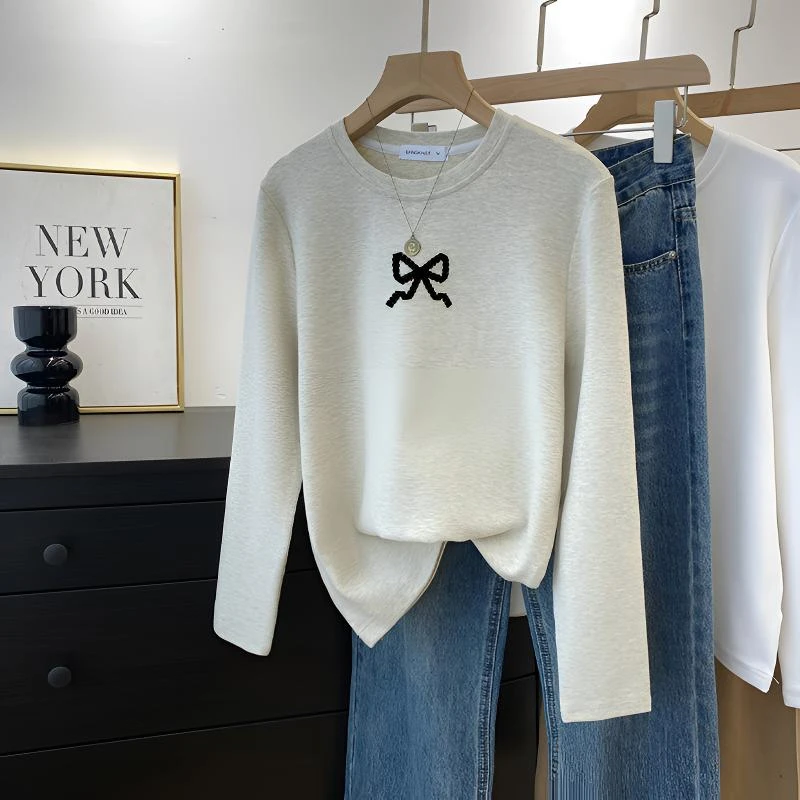 黑色蝴蝶结印花磨毛长袖T恤女2025早春新款ins时尚百搭时尚打底衫