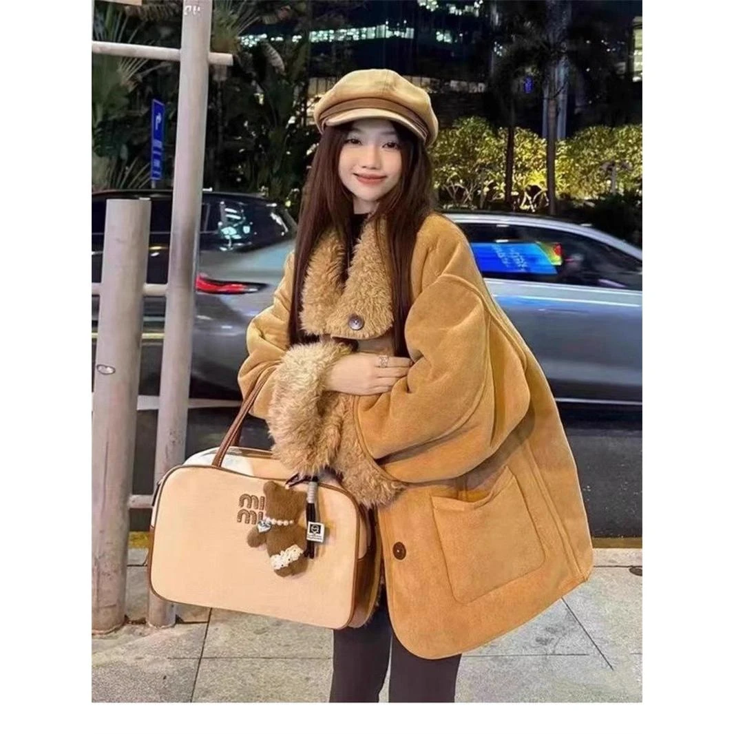 羊羔毛两面穿皮毛一体毛毛外套女麂皮秋冬宽松机车服环保皮草加厚