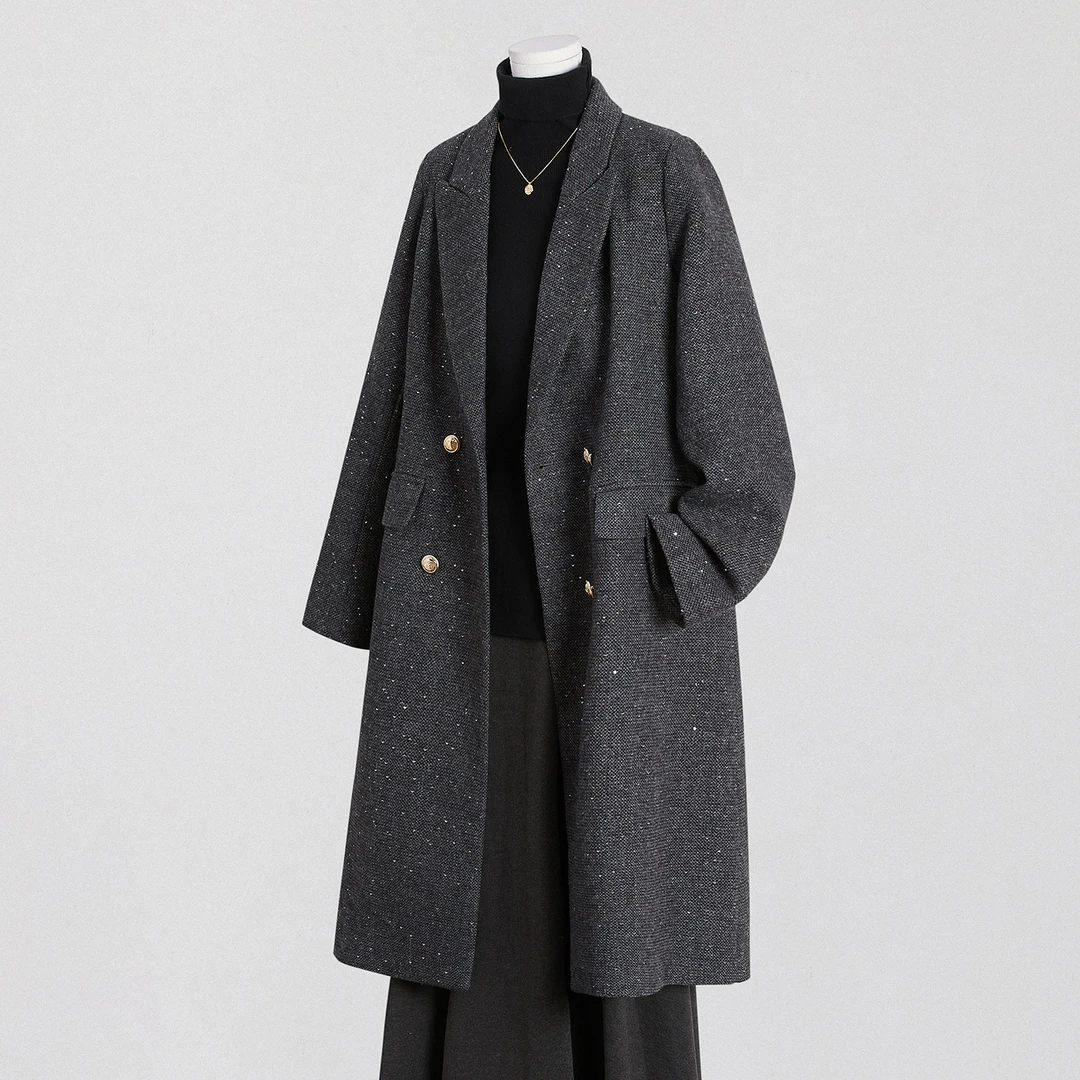 她池2025冬装绵羊毛女装亮片中长款毛呢外套双排扣大衣T54Z8153D