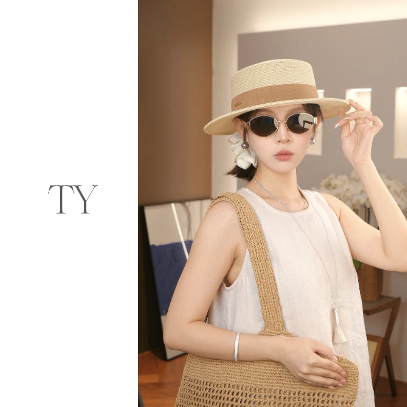 太一法式平顶草帽女夏季海边度假防晒出游显脸小平檐