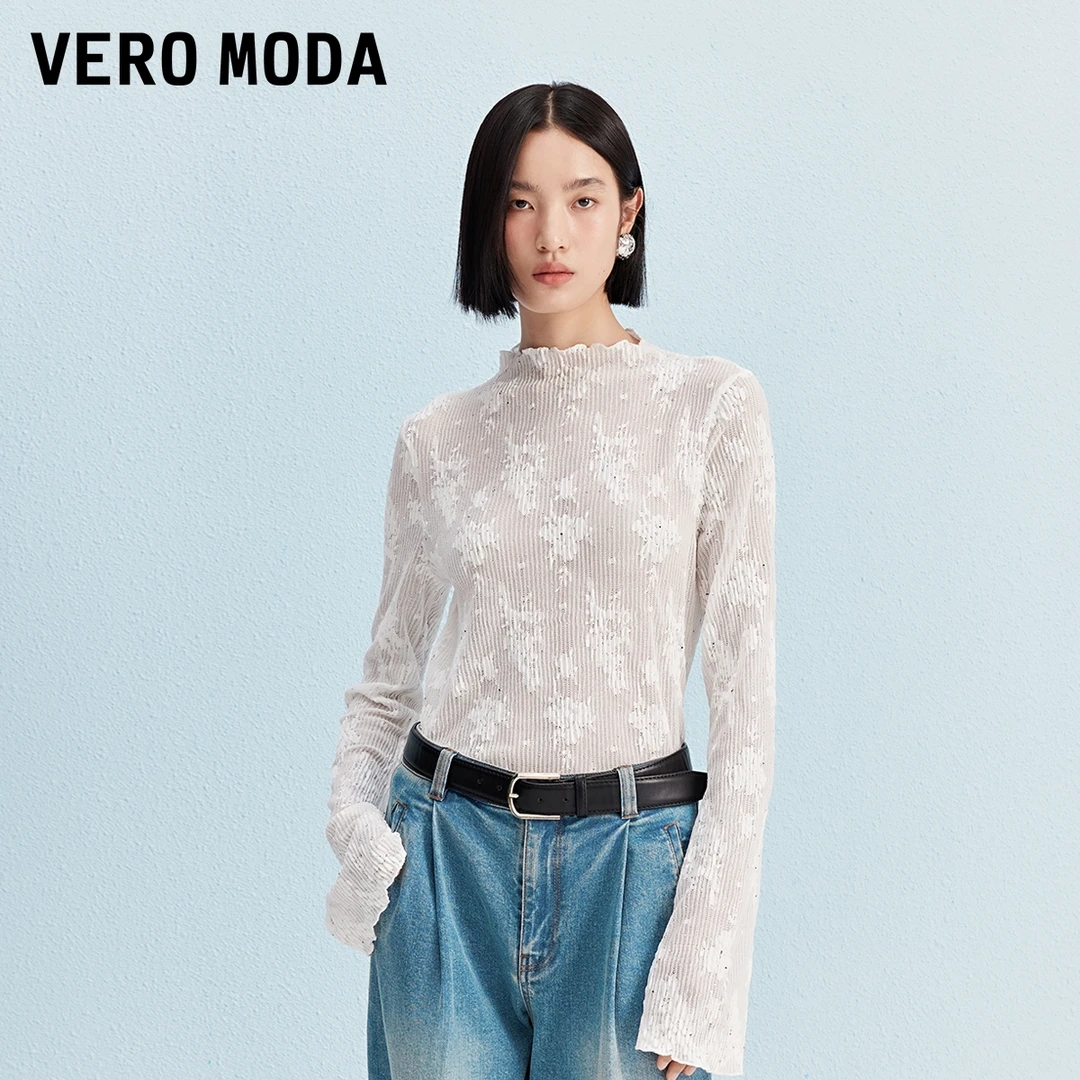 Vero ModaT恤2025秋季镂空蕾丝木耳饰边显瘦上衣老钱风松弛感女装