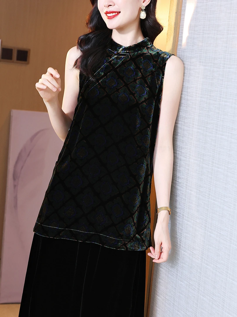 素雅格子印花真丝丝绒旗袍上衣女中长款优雅气质新中式桑蚕丝奥黛