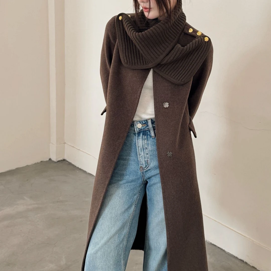 韩系时尚百搭羊毛大衣女秋冬中长款可拆卸围巾显瘦气质毛呢外套