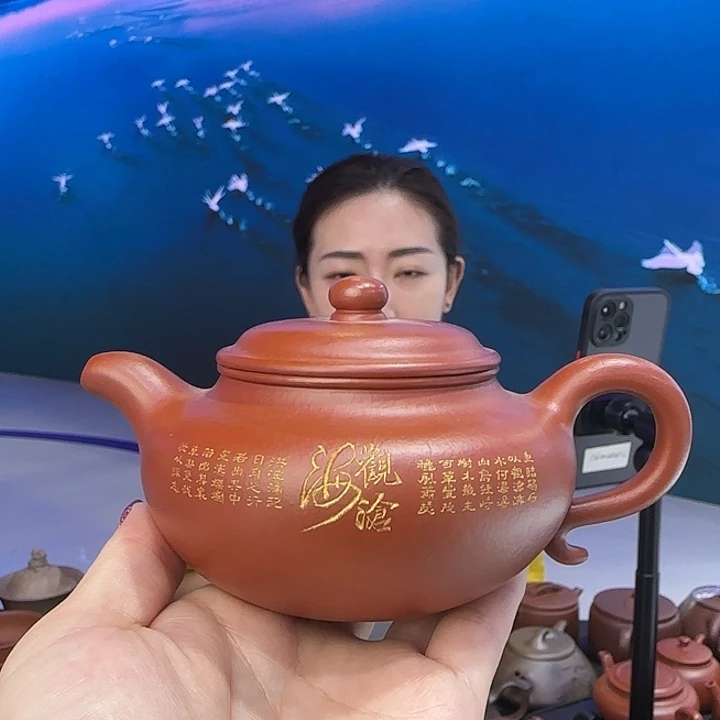 紫砂茶杯朱泥全手仿古  刻绘