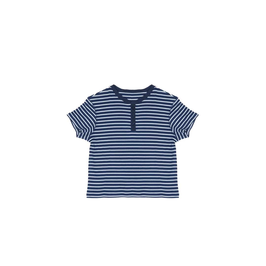 【木兰】条纹半纽扣圆领短袖针织衫9128