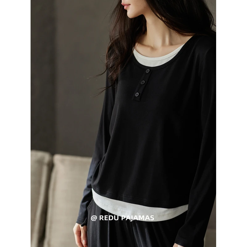 热妒假两件睡衣女春秋黑色套装圆领长袖可外穿家居服套装