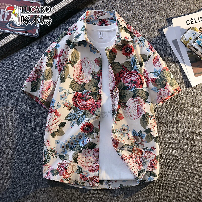 TUCANO/啄木鳥2025夏季纯棉短薄袖衬衫男士个性宽松休闲印花衬衣